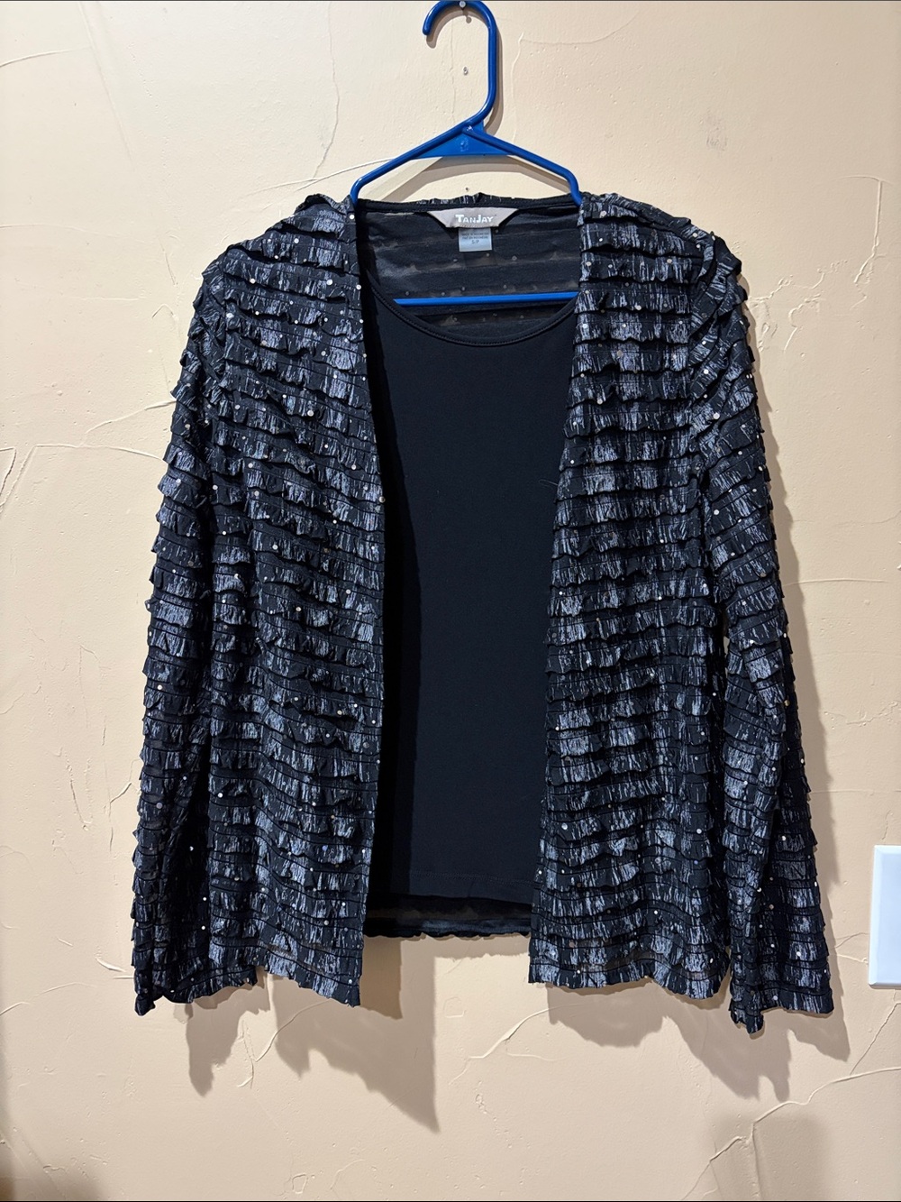 TanJay Black Ruffled Open-Front Women's Ribbes Jacket